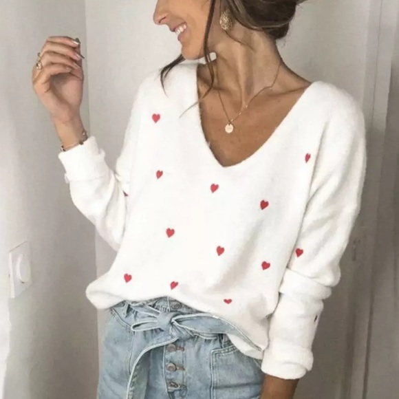 Heart sweater embroidery top womens white long sleeve vneck winter - Picture 4 of 6
